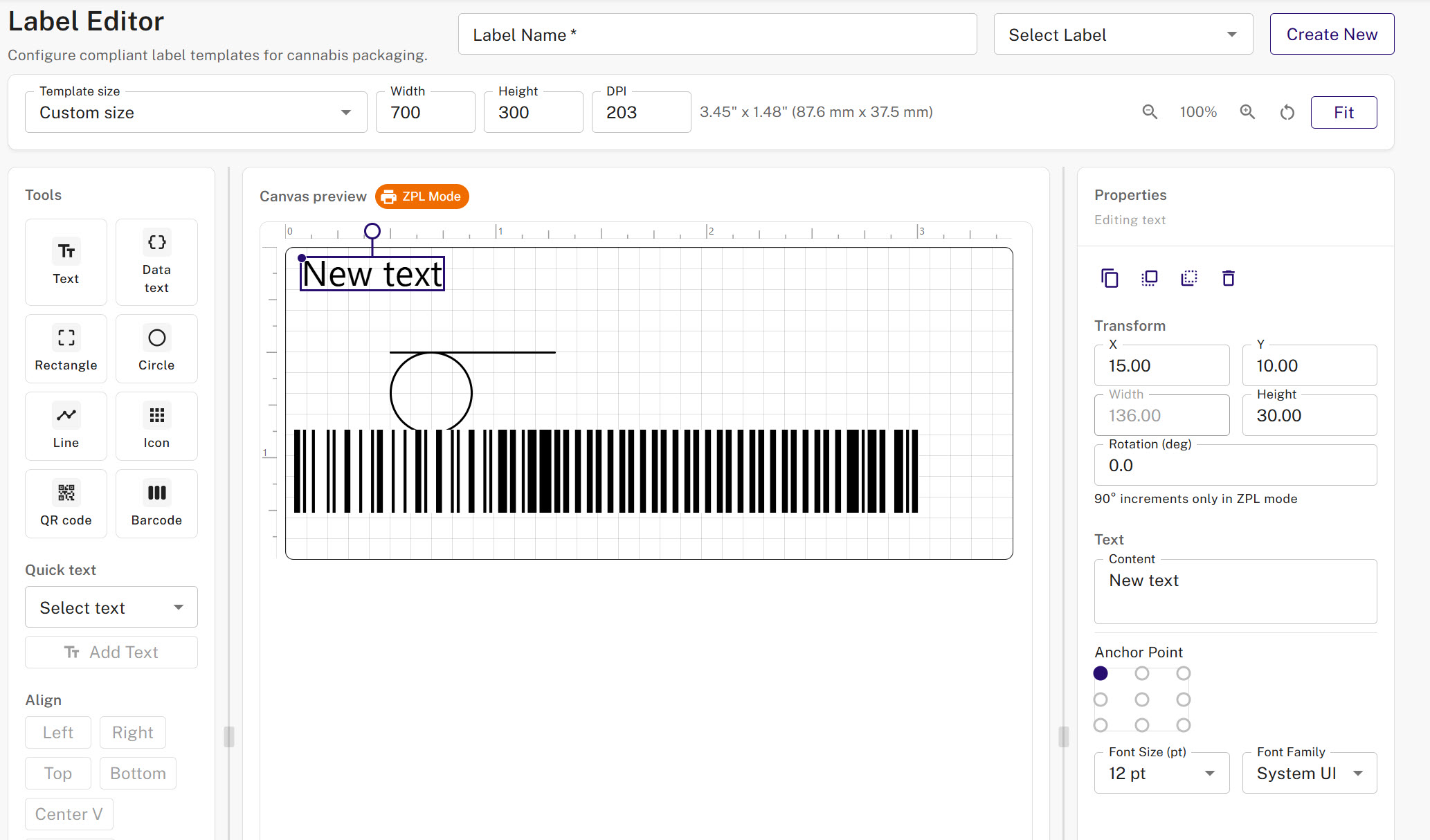 Illumify label editor showing the three-panel canvas with barcode, text, and shape tools in ZPL mode
